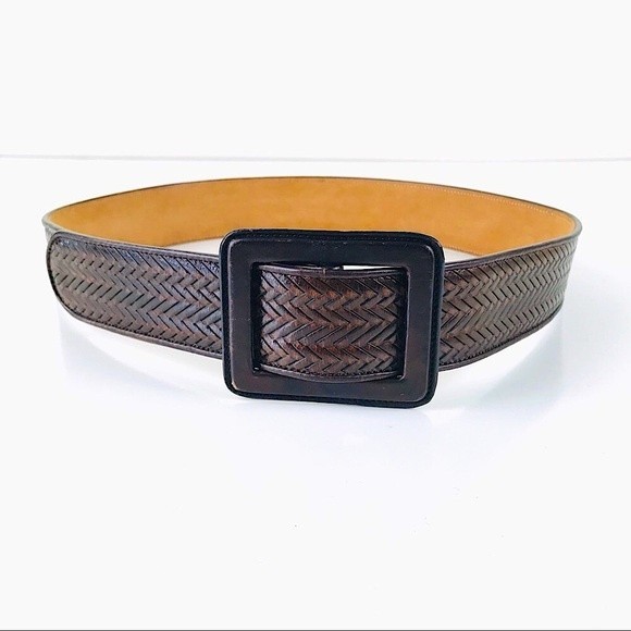 Vintage Genuine Leather Brown Chevron Woven Thick Wide Belt Square Buckle O/S - Picture 1 of 8